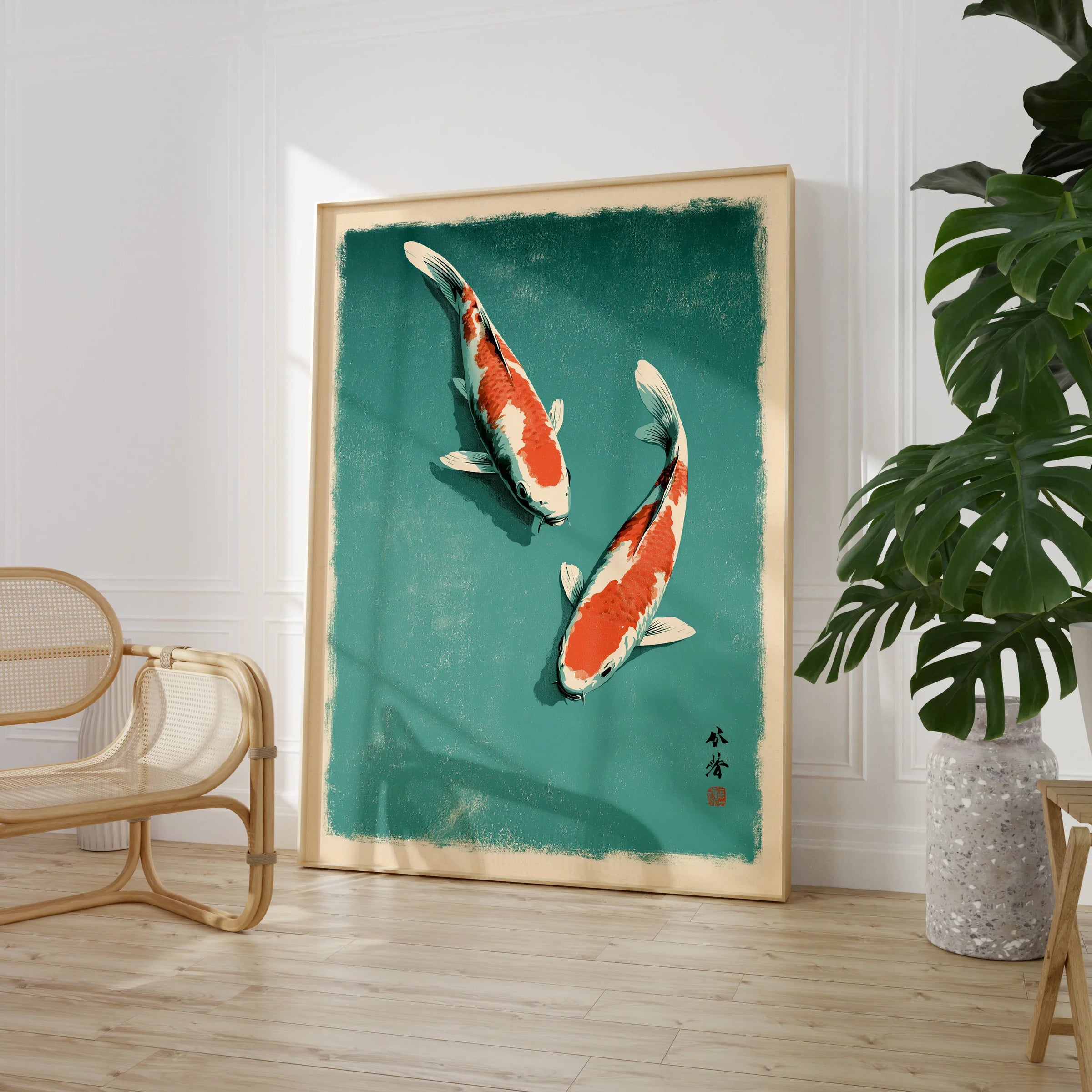 Japanese Koi Fish Print – Blue Vintage Wall Art — large framed print room setting chair plant