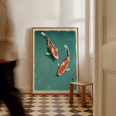 Japanese Koi Fish Print – Blue Vintage Wall Art — framed canvas on floor man walking past