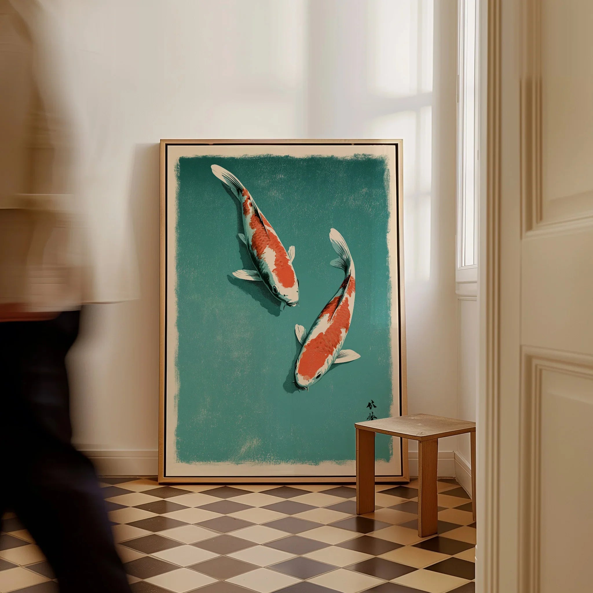 Japanese Koi Fish Print – Blue Vintage Wall Art — framed canvas on floor man walking past