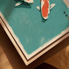 Japanese Koi Fish Print – Blue Vintage Wall Art — closeup framed canvas natural wood floating frame