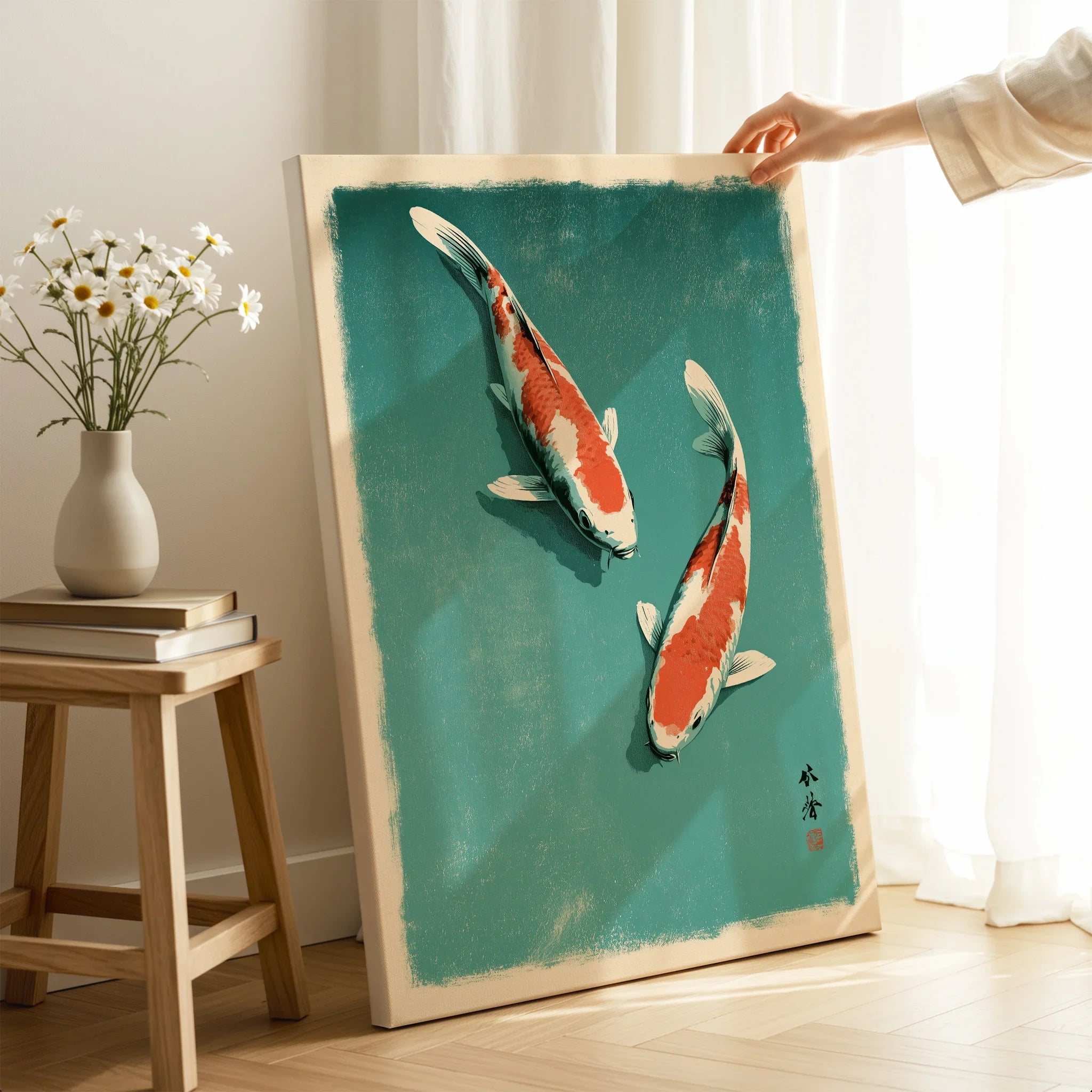 Japanese Koi Fish Print – Blue Vintage Wall Art — canvas print mirror edge hand holding room setting