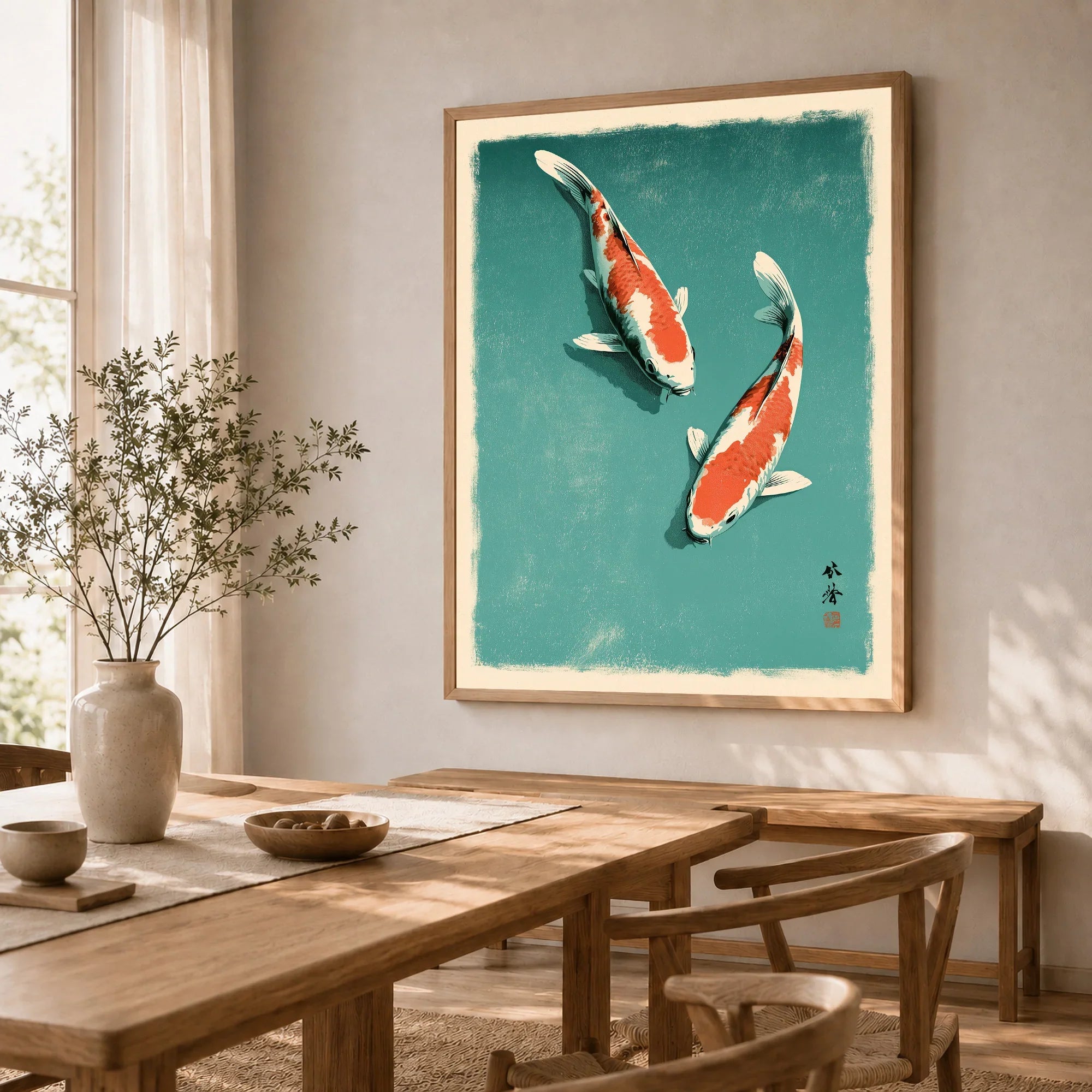 Japanese Koi Fish Print – Blue Vintage Wall Art — dining room framed print natural wood frame