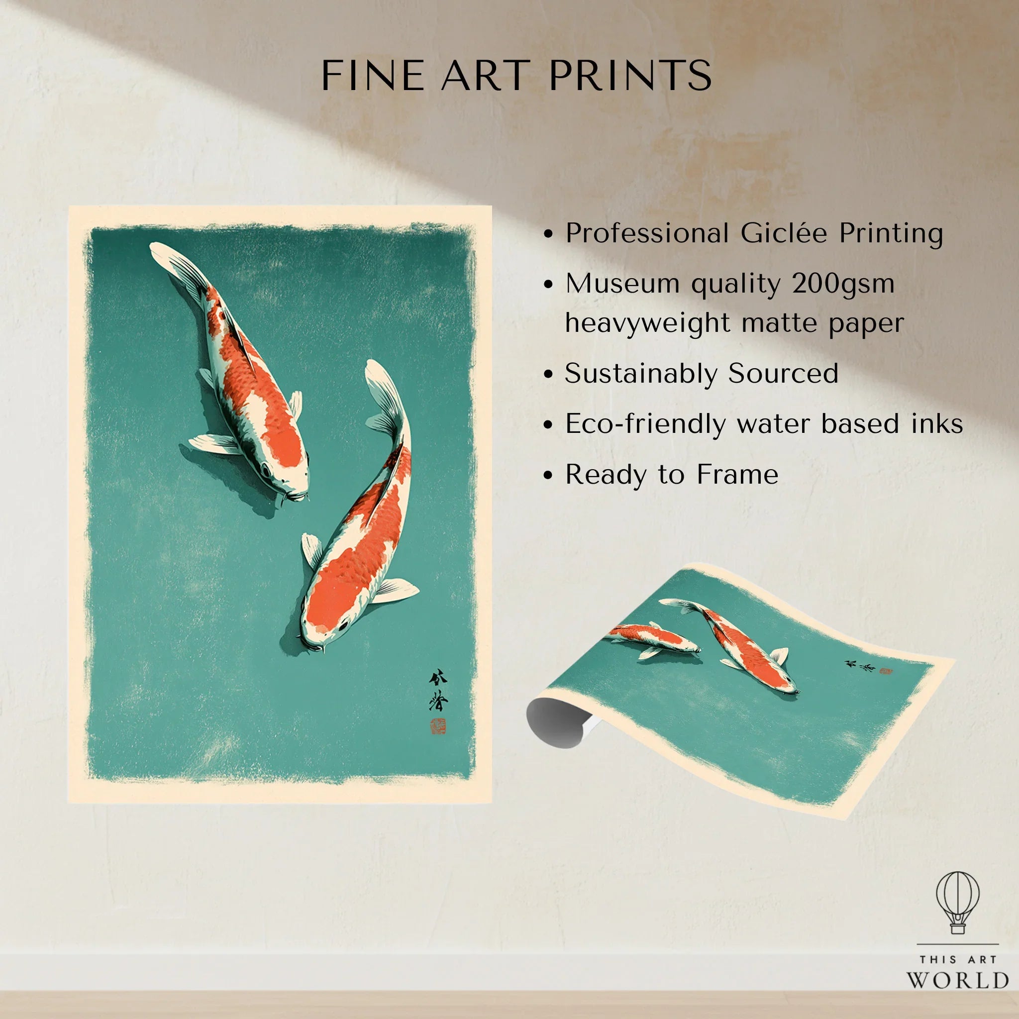 Japanese Koi Fish Print – Blue Vintage Wall Art — fine art print unframed quality details