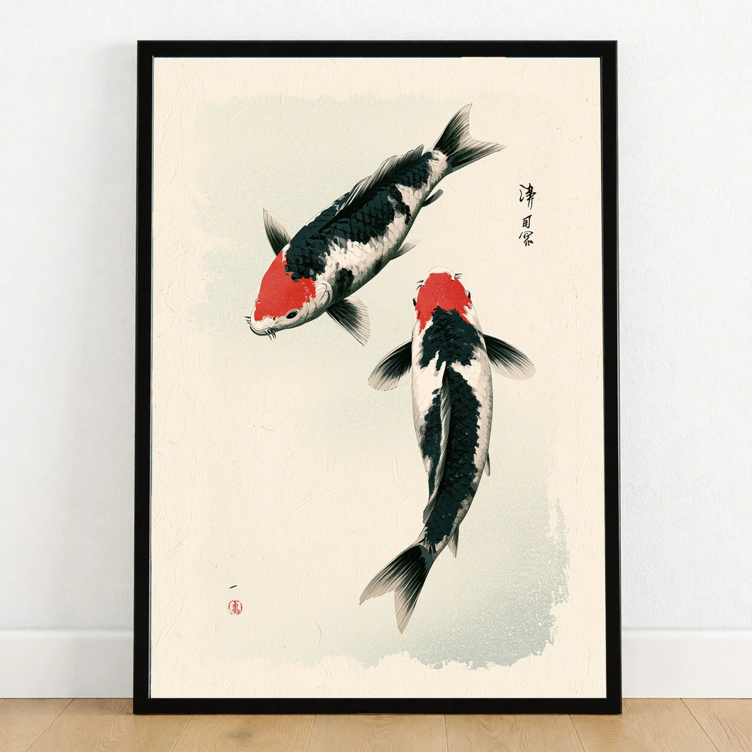 Japanese Koi Art Print – Vintage Black & Red Fish Wall Art — art print in black frame on wooden floor
