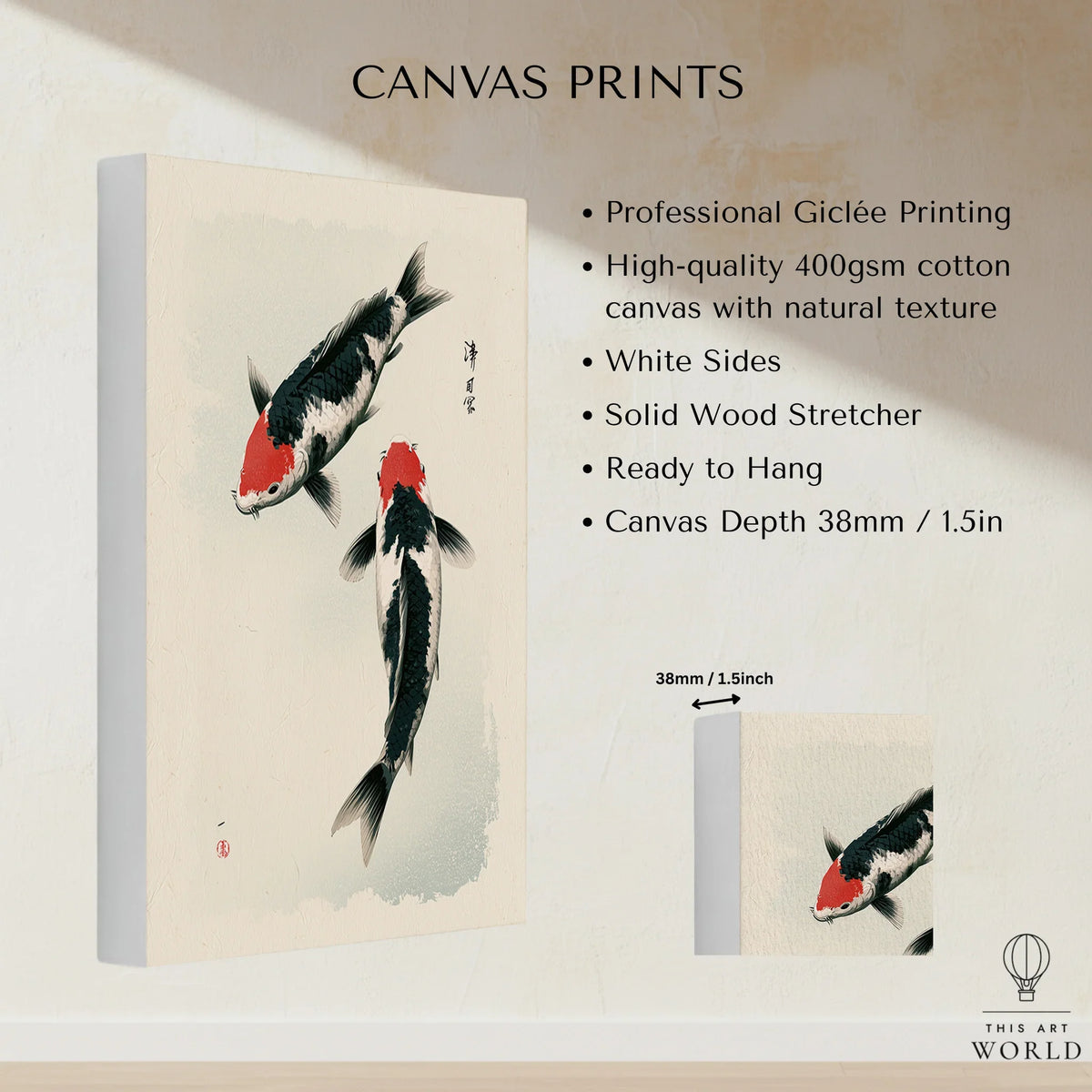 Japanese Koi Art Print – Vintage Black & Red Fish Wall Art — canvas print stretched cotton canvas details