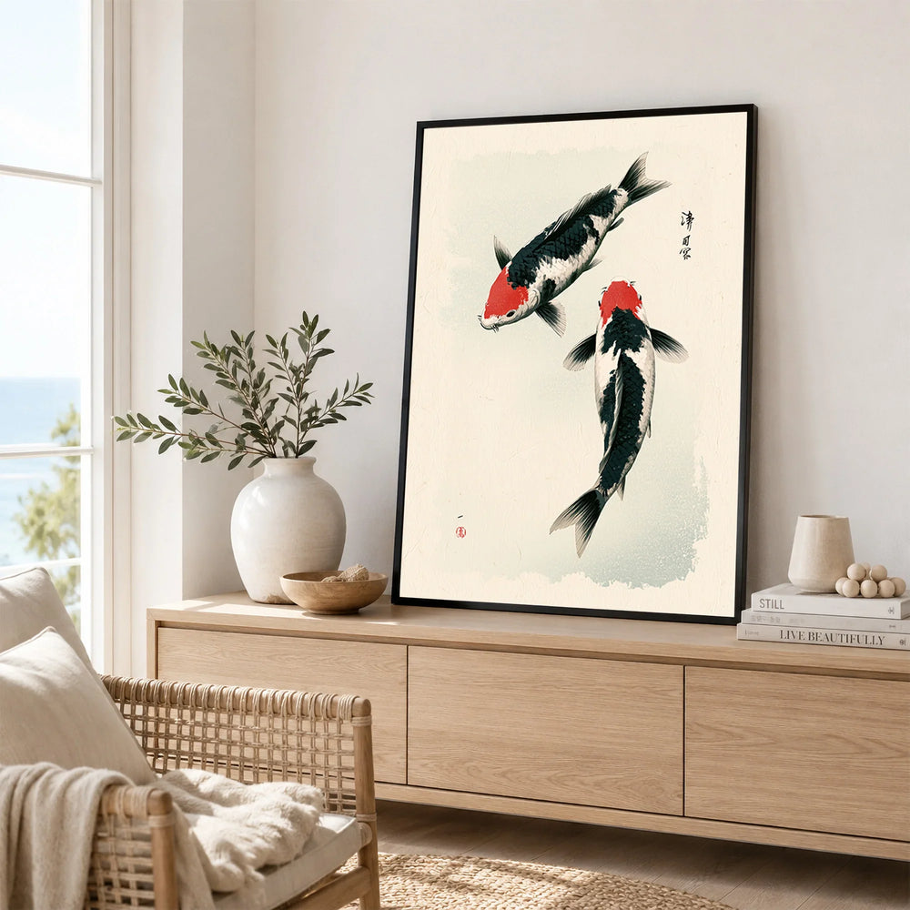Japanese Koi Art Print – Vintage Black & Red Fish Wall Art — framed artwork living room lifestyle setting