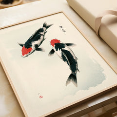 Japanese Koi Art Print – Vintage Black & Red Fish Wall Art — framed art print closeup gift unwrapped natural frame