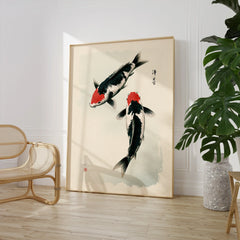Japanese Koi Art Print – Vintage Black & Red Fish Wall Art — large framed print room setting chair plant
