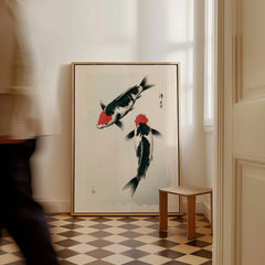 Japanese Koi Art Print – Vintage Black & Red Fish Wall Art — framed canvas on floor man walking past