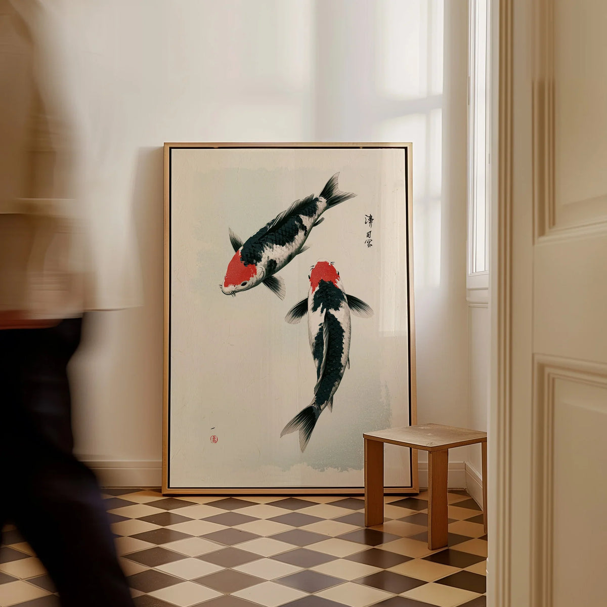 Japanese Koi Art Print – Vintage Black & Red Fish Wall Art — framed canvas on floor man walking past