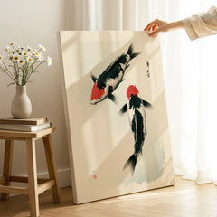 Japanese Koi Art Print – Vintage Black & Red Fish Wall Art — canvas print mirror edge hand holding room setting