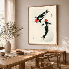 Japanese Koi Art Print – Vintage Black & Red Fish Wall Art — dining room framed print natural wood frame
