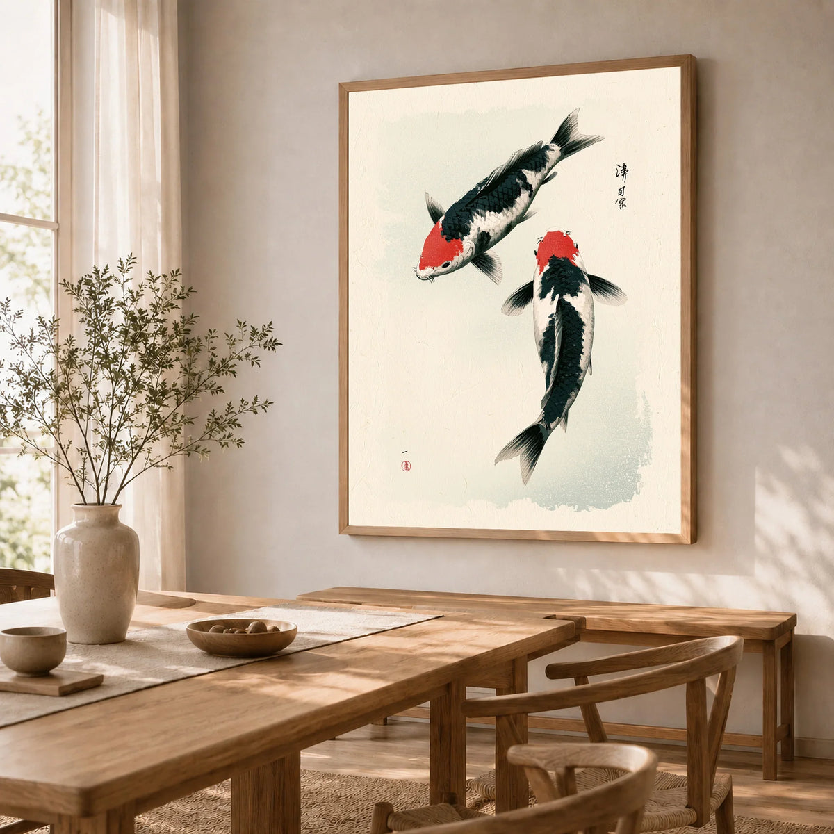 Japanese Koi Art Print – Vintage Black & Red Fish Wall Art — dining room framed print natural wood frame