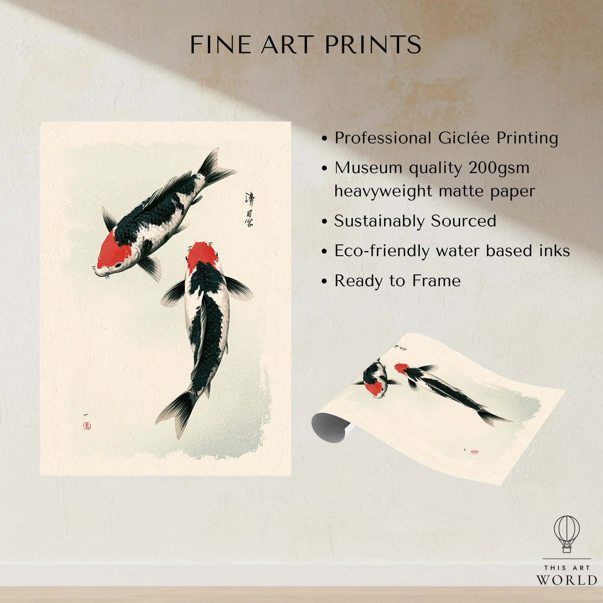 Japanese Koi Art Print – Vintage Black & Red Fish Wall Art — fine art print unframed quality details