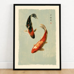 Japanese Koi Fish Wall Art – Vintage Japan Art Print — art print in black frame on wooden floor