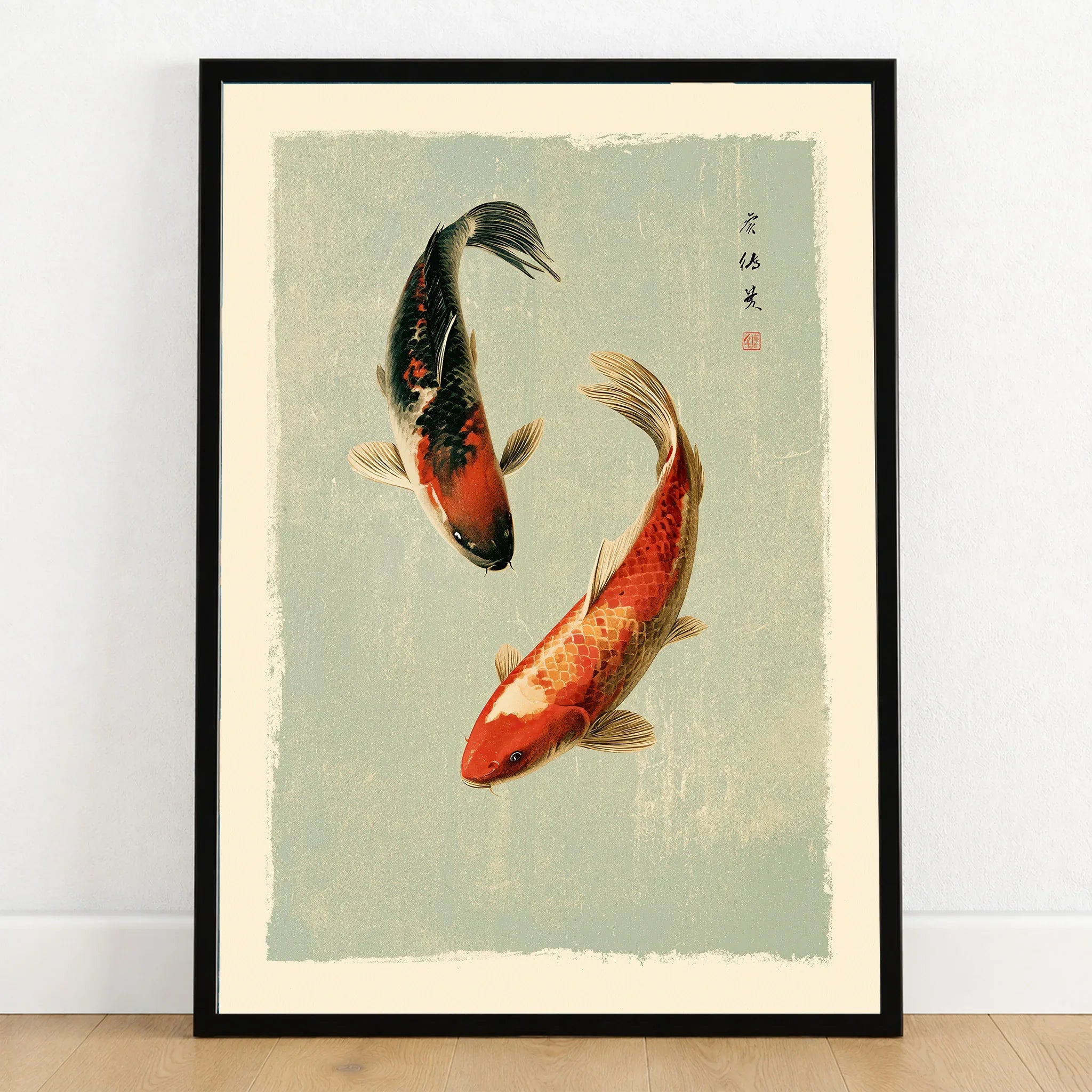 Japanese Koi Fish Wall Art – Vintage Japan Art Print — art print in black frame on wooden floor