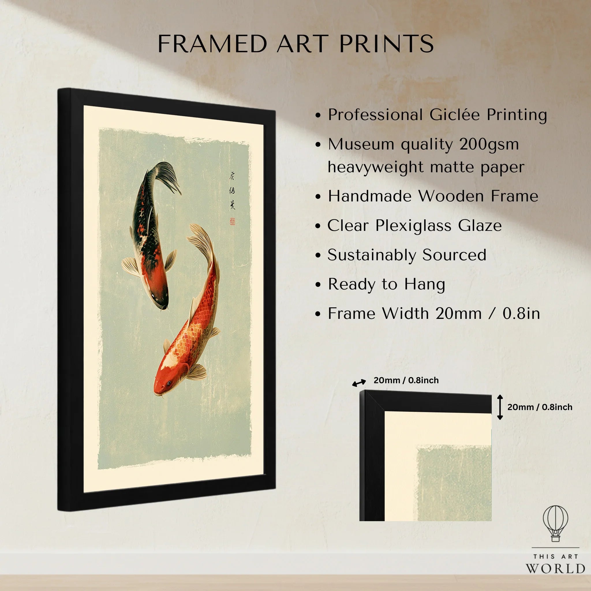 Japanese Koi Fish Wall Art – Vintage Japan Art Print — framed print details measurements quality details