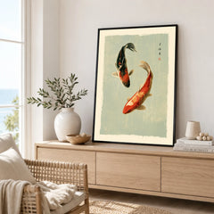Japanese Koi Fish Wall Art – Vintage Japan Art Print — framed artwork living room lifestyle setting