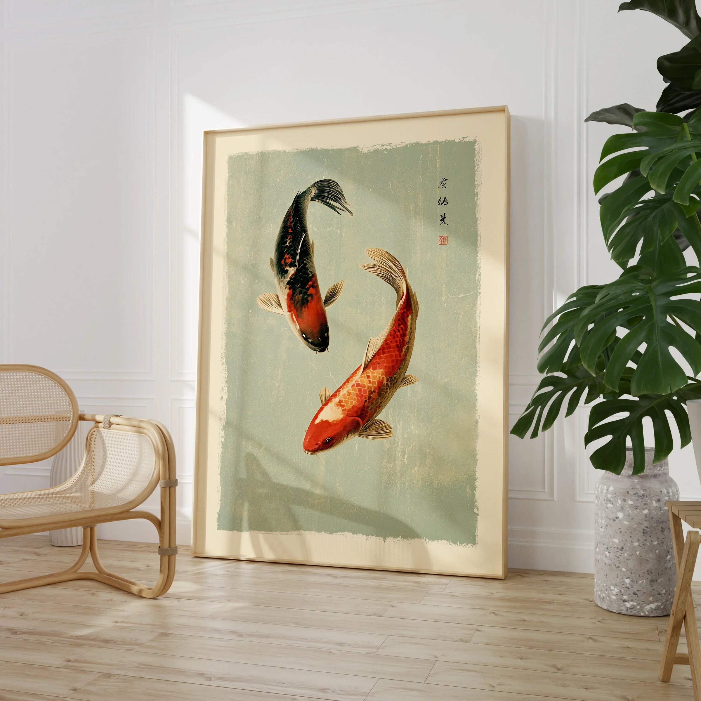 Japanese Koi Fish Wall Art – Vintage Japan Art Print — large framed print room setting chair plant