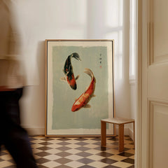 Japanese Koi Fish Wall Art – Vintage Japan Art Print — framed canvas on floor man walking past