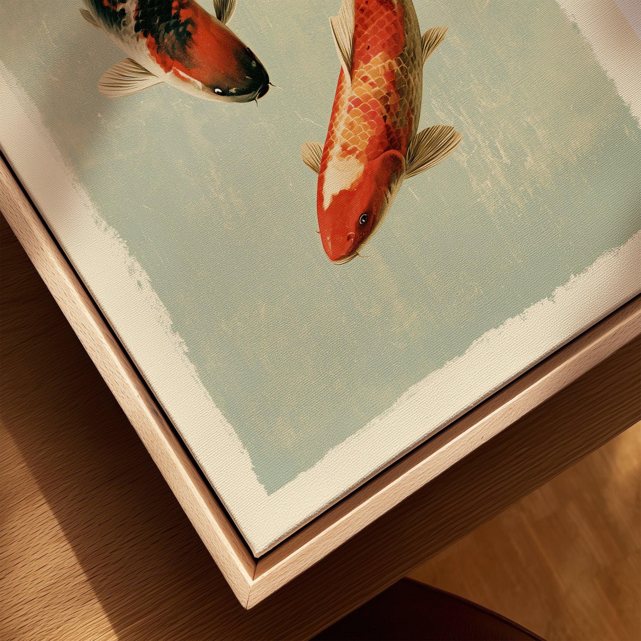 Japanese Koi Fish Wall Art – Vintage Japan Art Print — closeup framed canvas natural wood floating frame