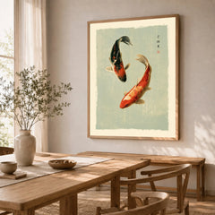 Japanese Koi Fish Wall Art – Vintage Japan Art Print — dining room framed print natural wood frame