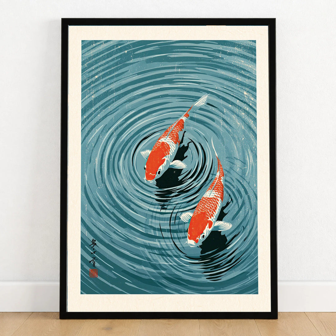 Japanese Koi Pond Art Print – Blue Vintage Wall Art — art print in black frame on wooden floor