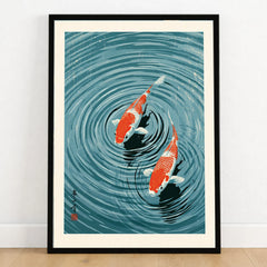 Japanese Koi Pond Art Print – Blue Vintage Wall Art — art print in black frame on wooden floor