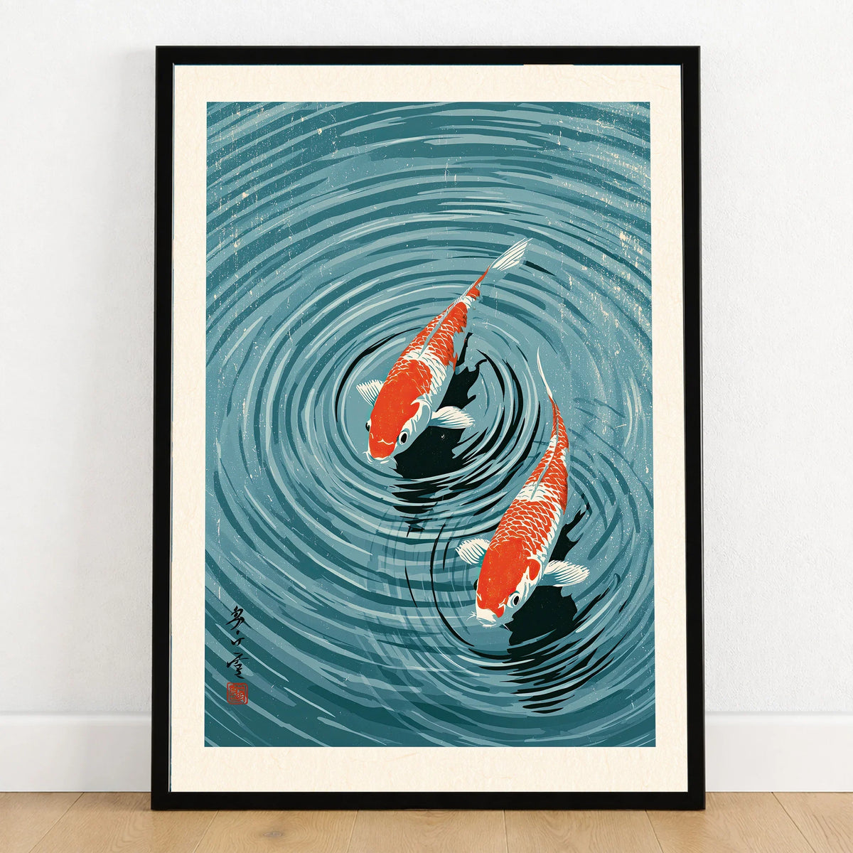 Japanese Koi Pond Art Print – Blue Vintage Wall Art — art print in black frame on wooden floor