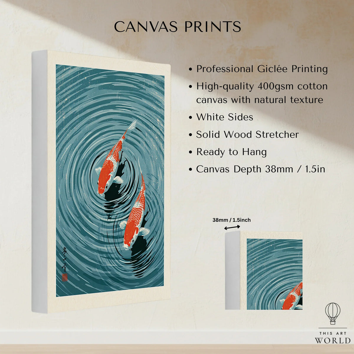 Japanese Koi Pond Art Print – Blue Vintage Wall Art — canvas print stretched cotton canvas details