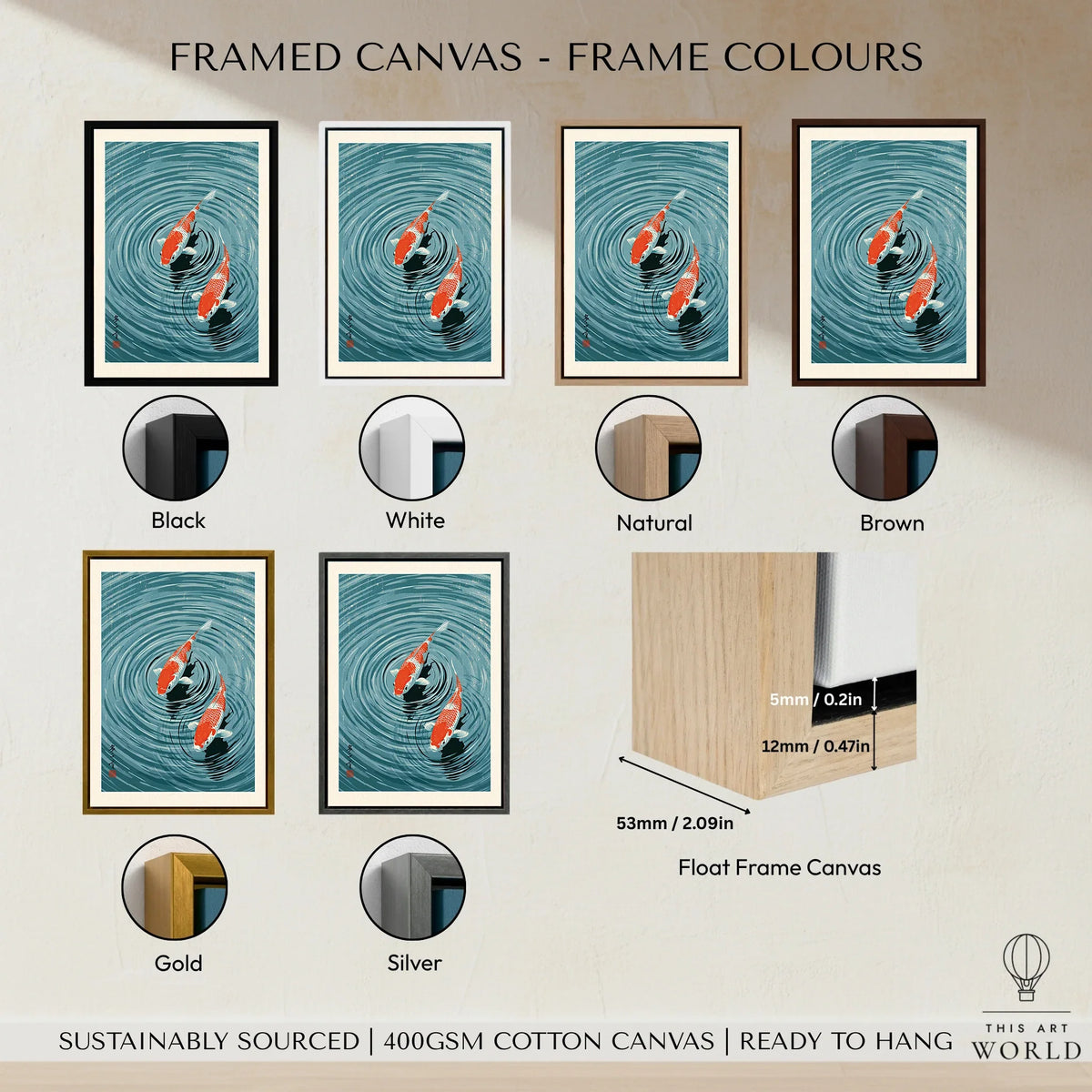 Japanese Koi Pond Art Print – Blue Vintage Wall Art — framed canvas float frame colour options