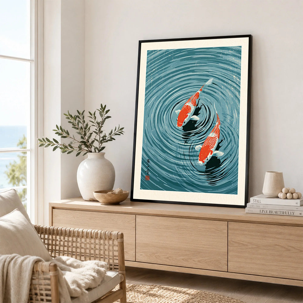 Japanese Koi Pond Art Print – Blue Vintage Wall Art — framed artwork living room lifestyle setting