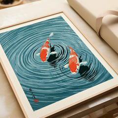 Japanese Koi Pond Art Print – Blue Vintage Wall Art — framed art print closeup gift unwrapped natural frame