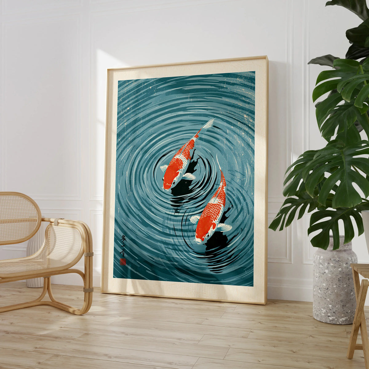 Japanese Koi Pond Art Print – Blue Vintage Wall Art — large framed print room setting chair plant