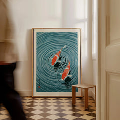 Japanese Koi Pond Art Print – Blue Vintage Wall Art — framed canvas on floor man walking past