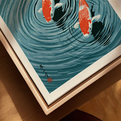 Japanese Koi Pond Art Print – Blue Vintage Wall Art — closeup framed canvas natural wood floating frame