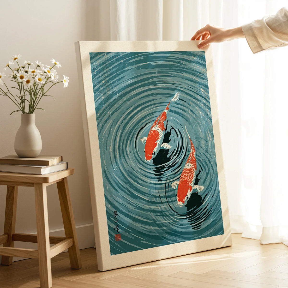 Japanese Koi Pond Art Print – Blue Vintage Wall Art — canvas print mirror edge hand holding room setting