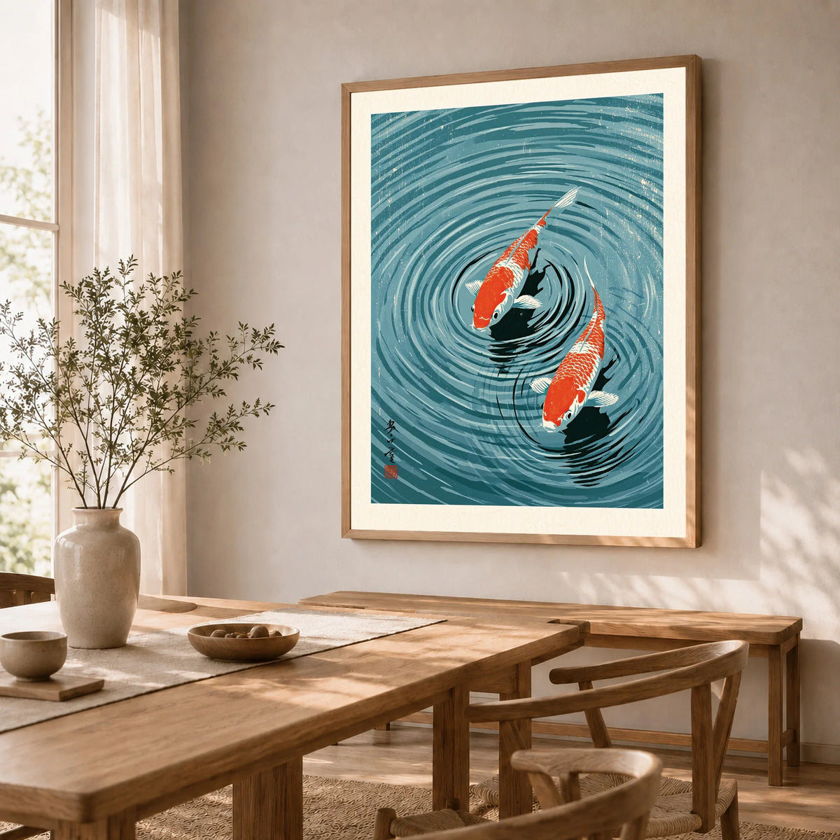 Japanese Koi Pond Art Print – Blue Vintage Wall Art — dining room framed print natural wood frame