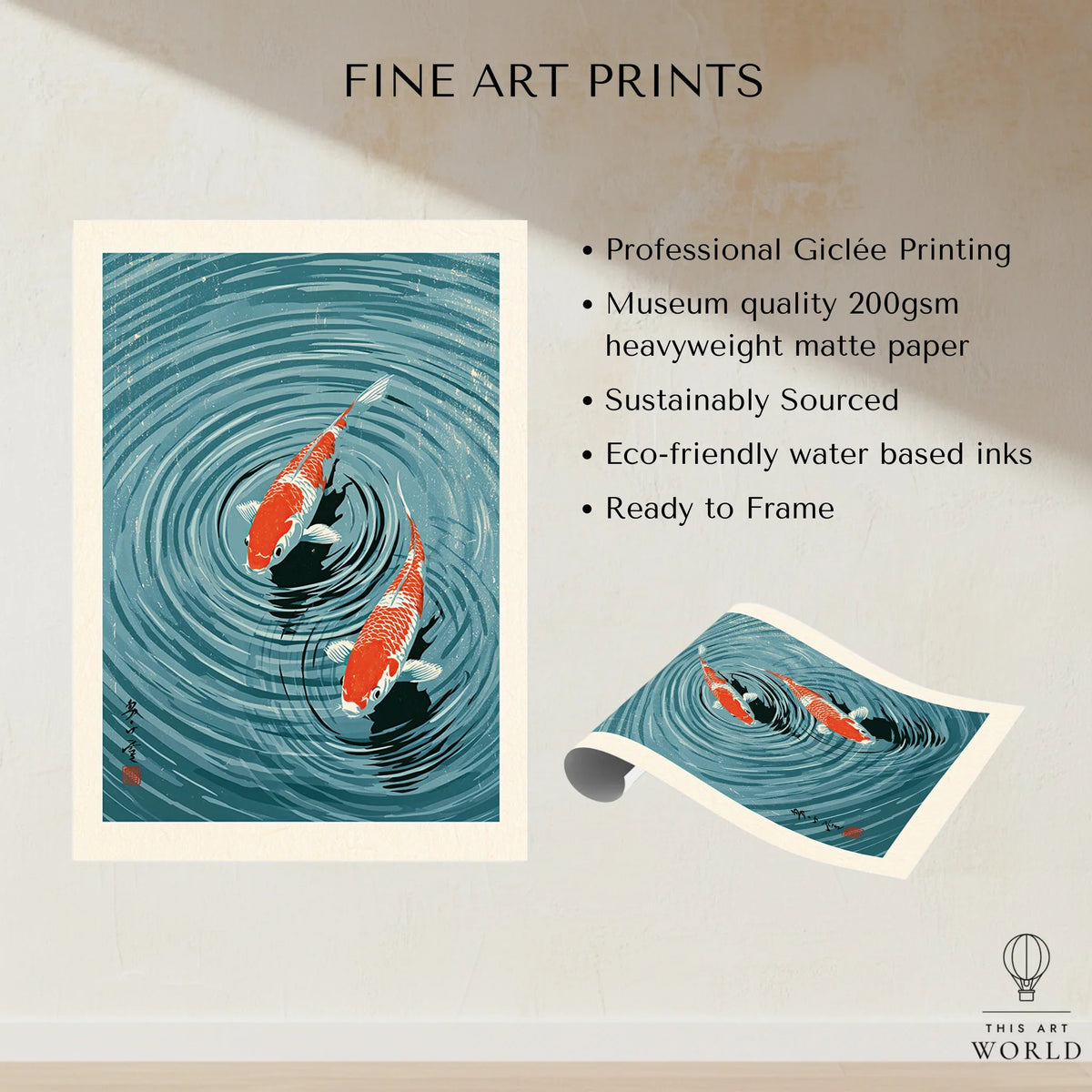 Japanese Koi Pond Art Print – Blue Vintage Wall Art — fine art print unframed quality details