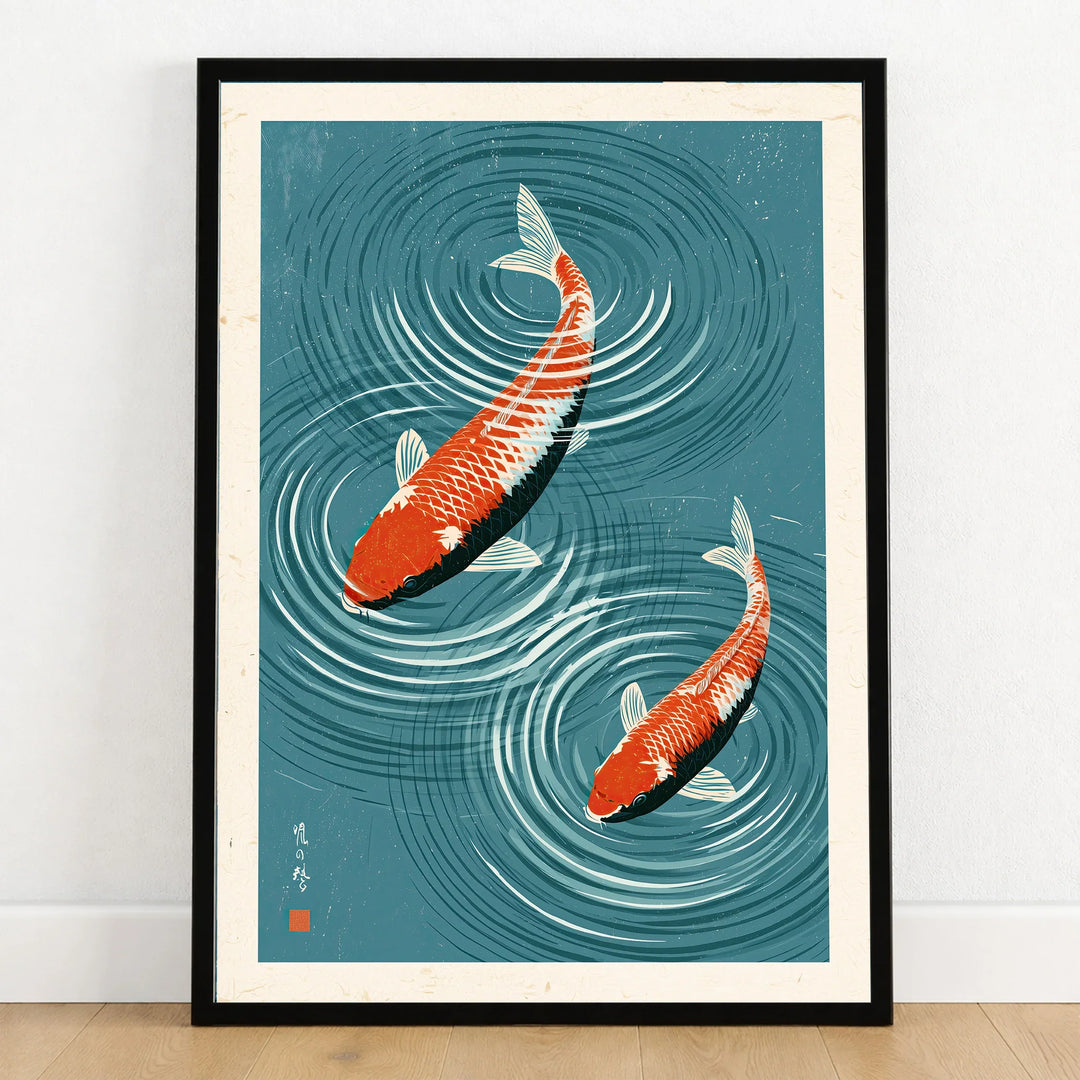 Japanese Koi Fish Art Print – Blue Water Wall Art — art print in black frame on wooden floor