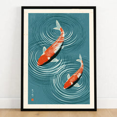 Japanese Koi Fish Art Print – Blue Water Wall Art — art print in black frame on wooden floor