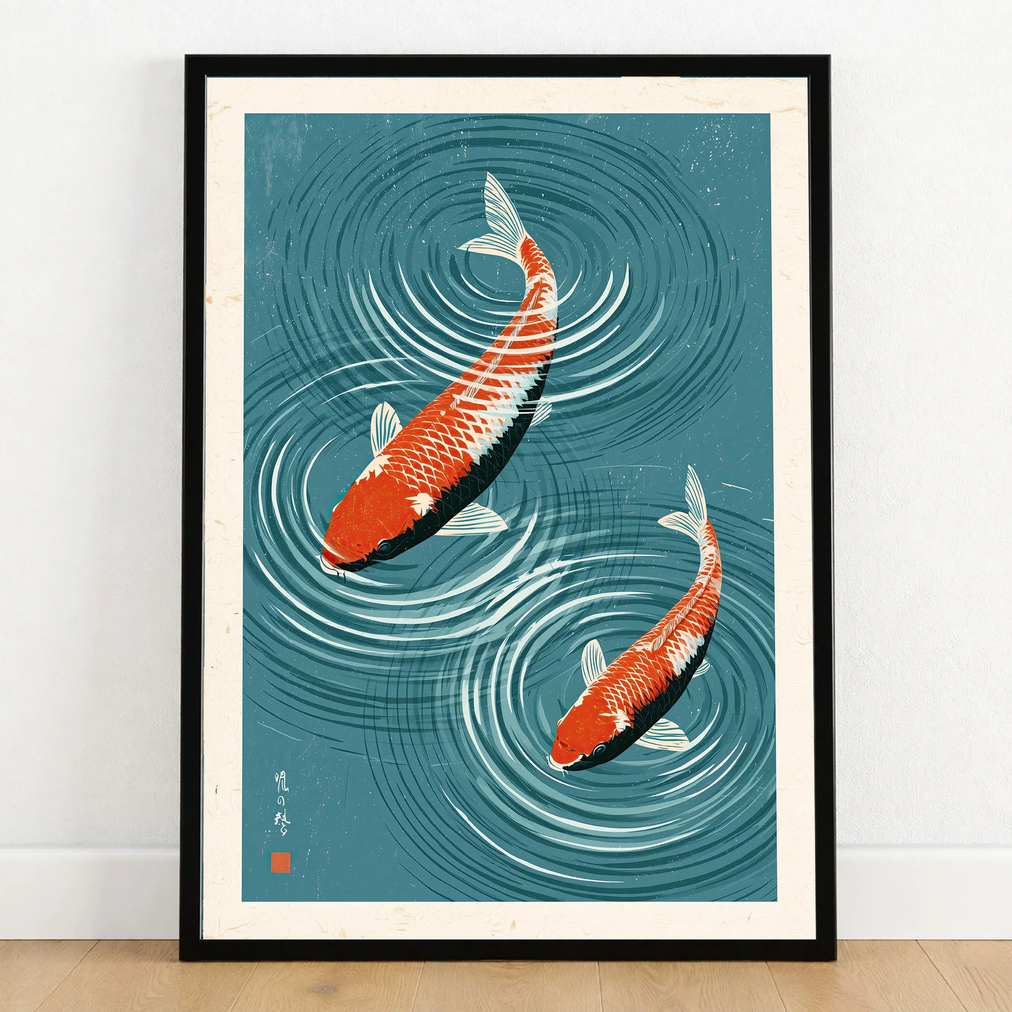 Japanese Koi Fish Art Print – Blue Water Wall Art — art print in black frame on wooden floor