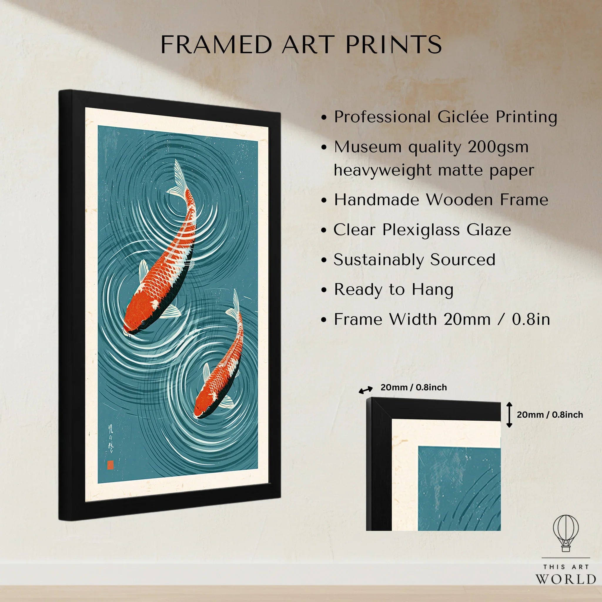 Japanese Koi Fish Art Print – Blue Water Wall Art — framed print details measurements quality details