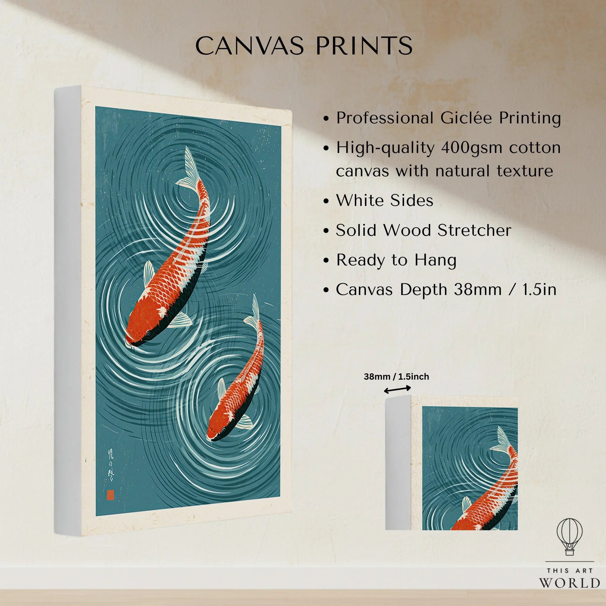 Japanese Koi Fish Art Print – Blue Water Wall Art — canvas print stretched cotton canvas details