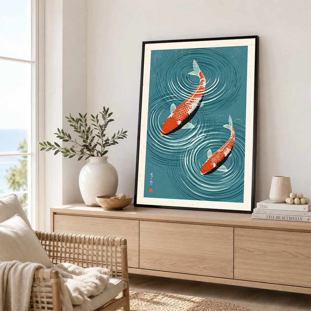 Japanese Koi Fish Art Print – Blue Water Wall Art — framed artwork living room lifestyle setting