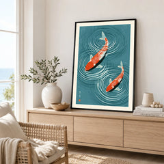 Japanese Koi Fish Art Print – Blue Water Wall Art — framed artwork living room lifestyle setting