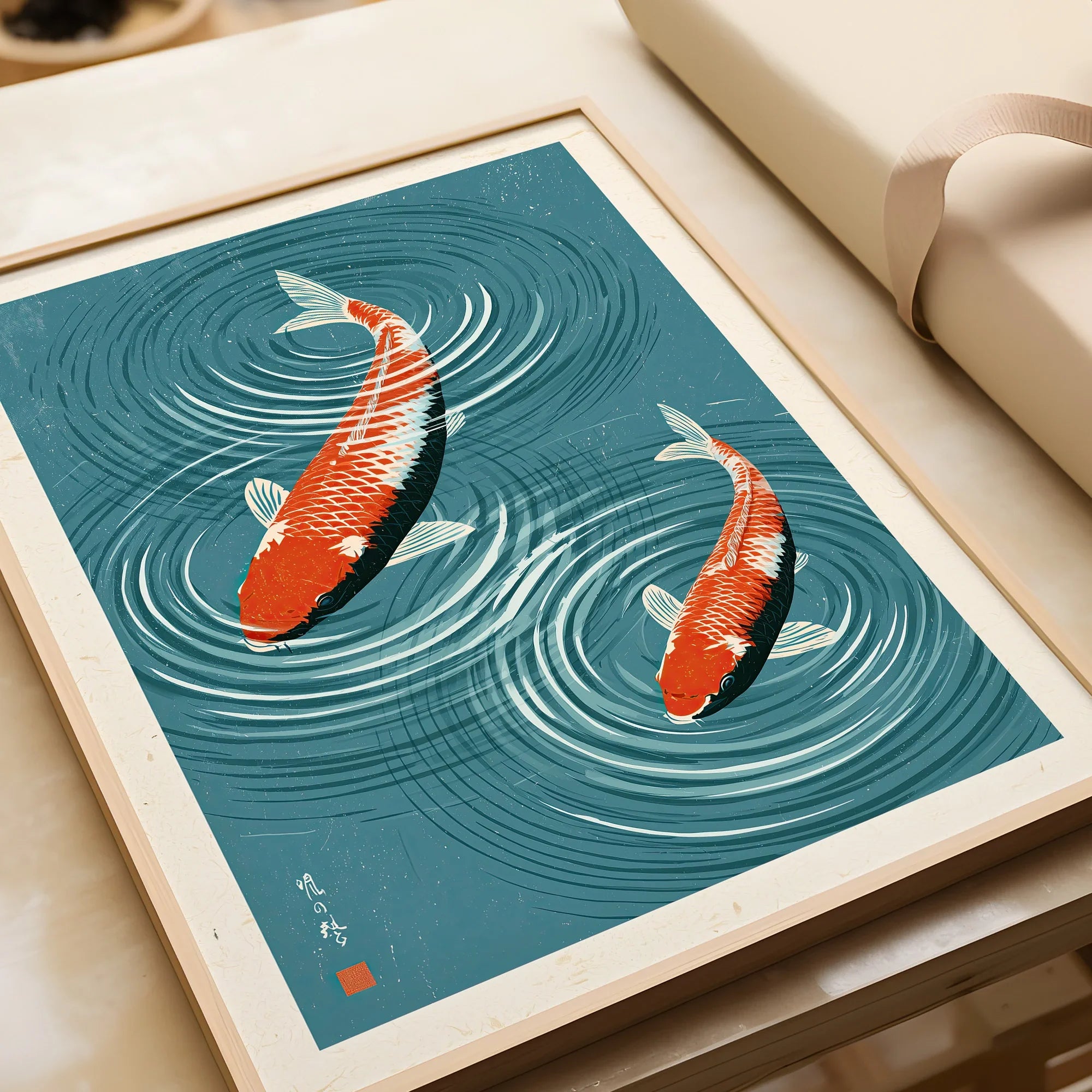 Japanese Koi Fish Art Print – Blue Water Wall Art — framed art print closeup gift unwrapped natural frame