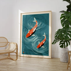 Japanese Koi Fish Art Print – Blue Water Wall Art — large framed print room setting chair plant