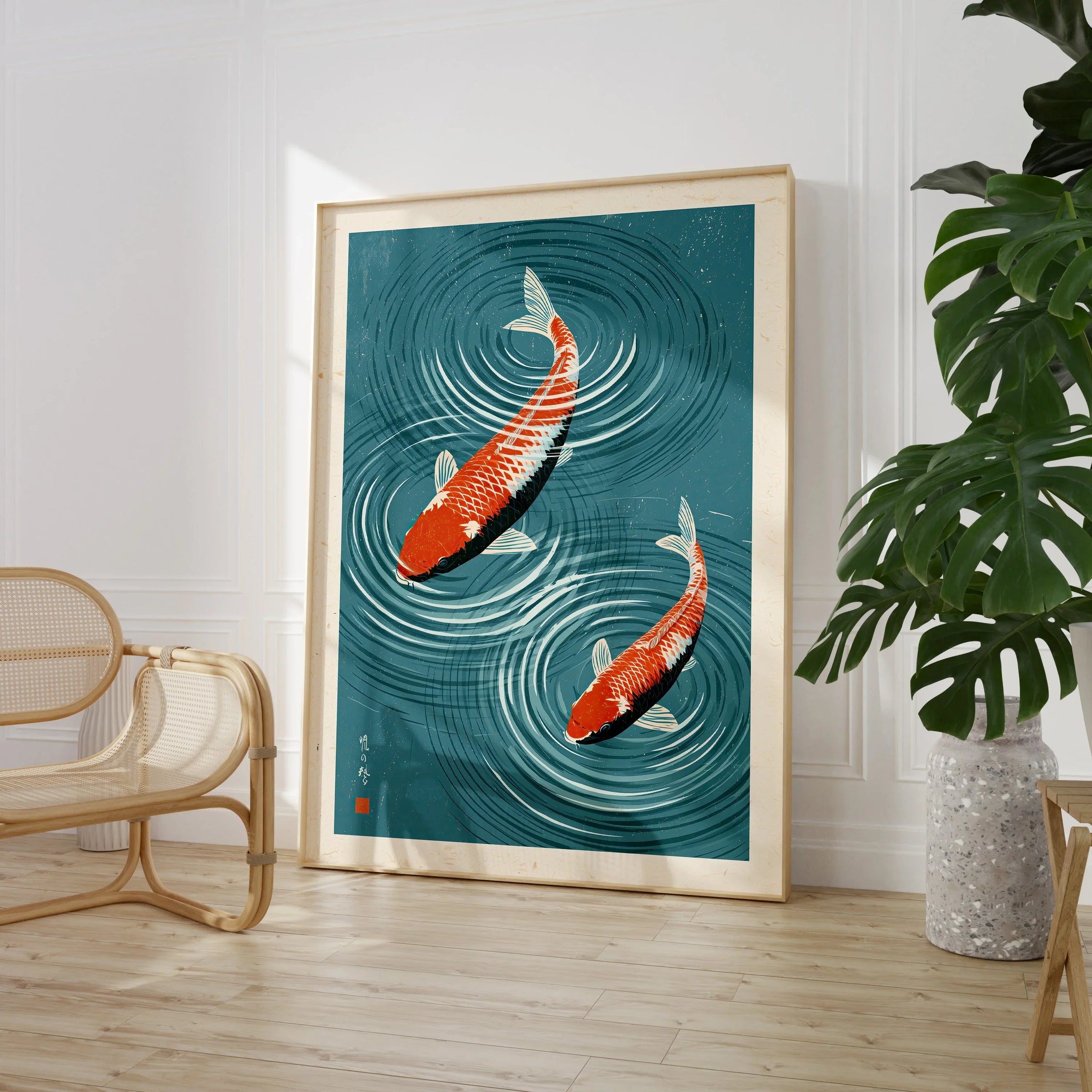 Japanese Koi Fish Art Print – Blue Water Wall Art — large framed print room setting chair plant