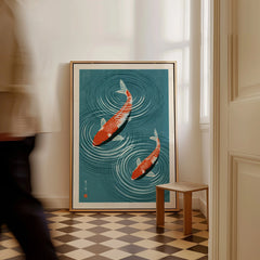 Japanese Koi Fish Art Print – Blue Water Wall Art — framed canvas on floor man walking past